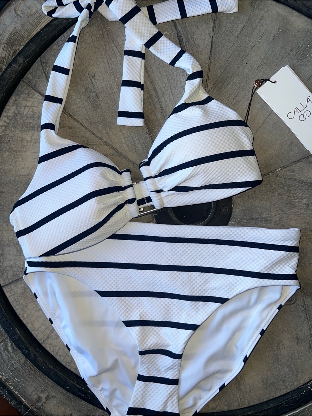 CALIA by Carrie Underwood White & Navy Striped Halter Bikini Set